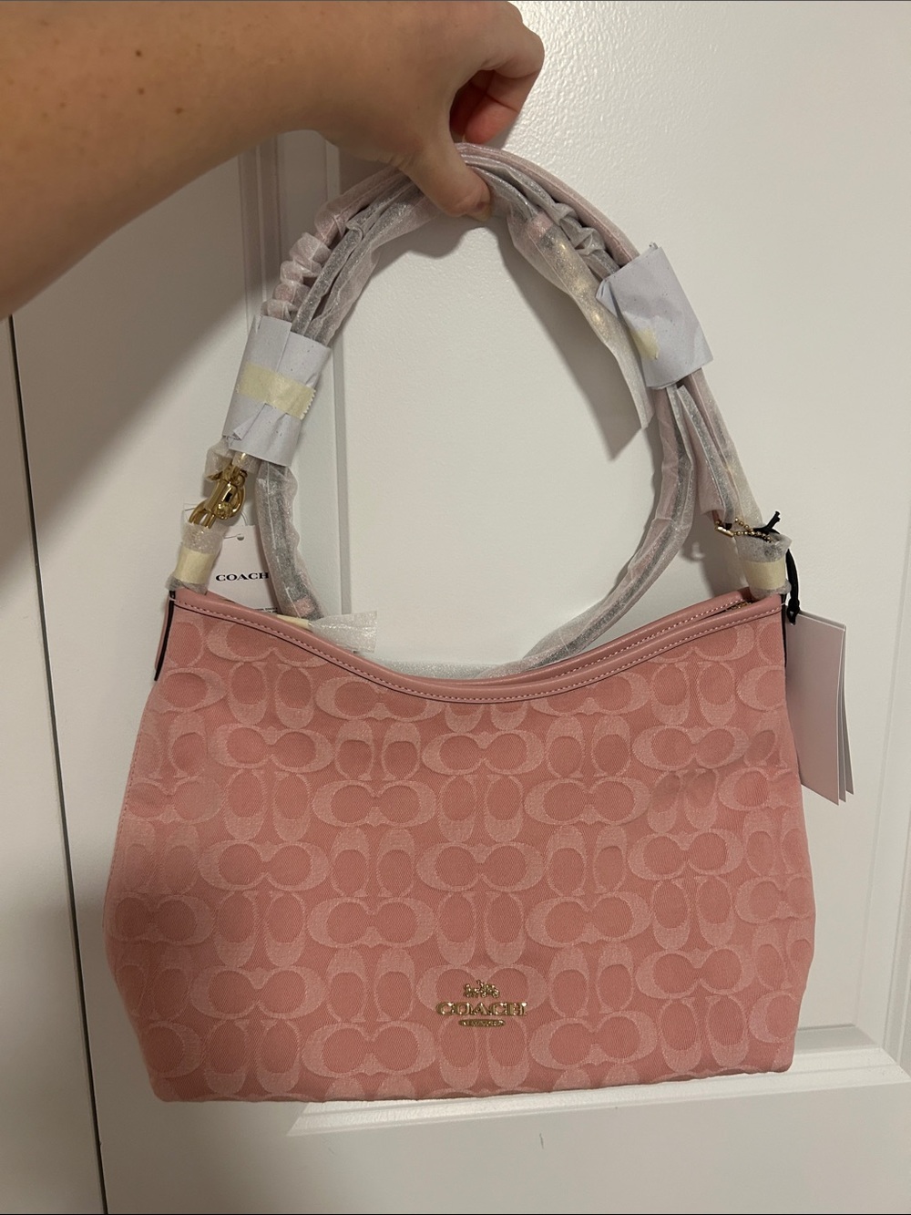 coach pink denim laurel shoulder bag